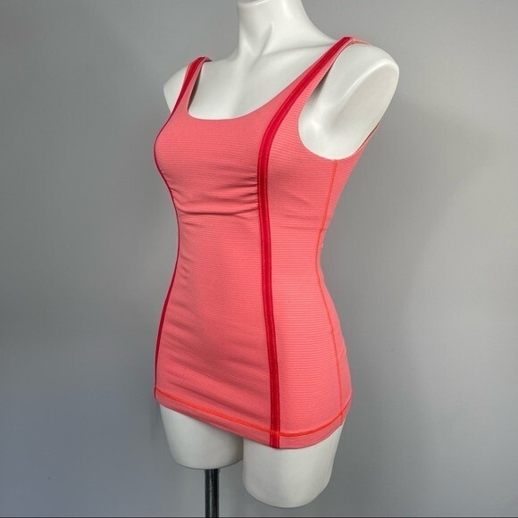 Lululemon Neon Orange Pink Striped Scoop Neck Tank Top Built In Sports Bra 4 - Picture 4 of 13